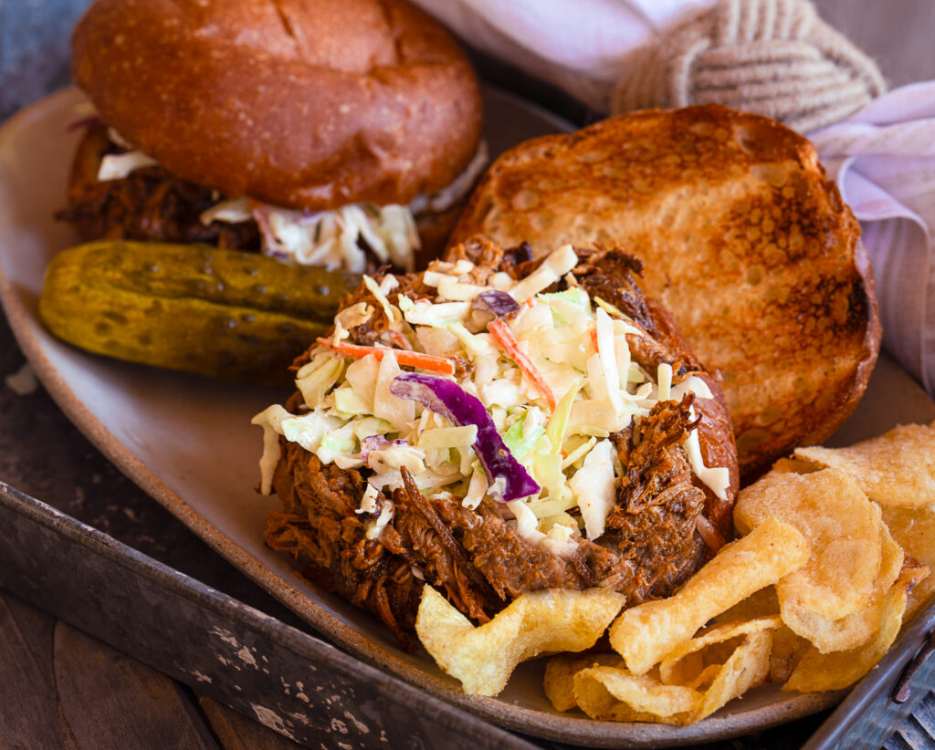 pulled pork sandwiches with bbq sauce and coleslaw